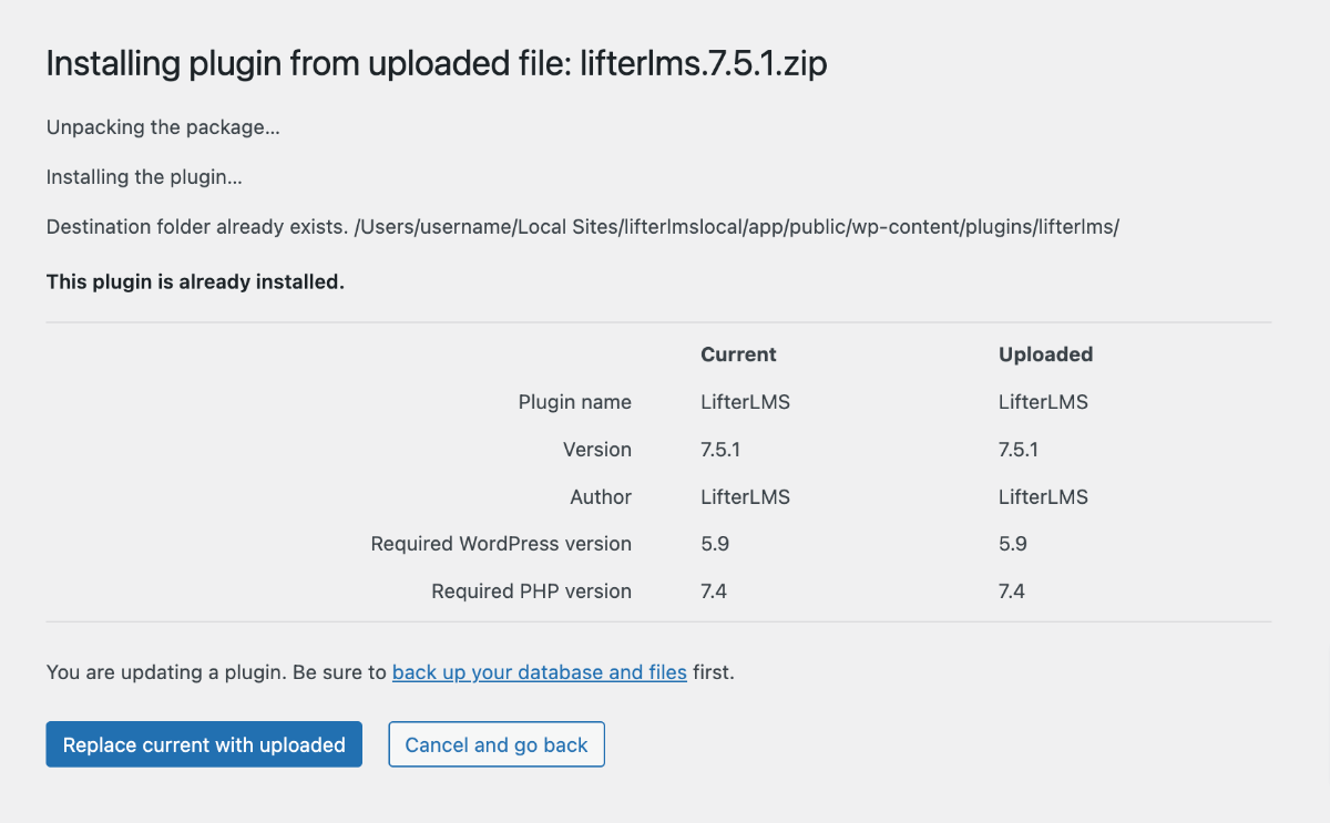 Screenshot of the Plugins > Add New > Upload screen where you can upload the LifterLMS plugin to overwrite and reinstall manually