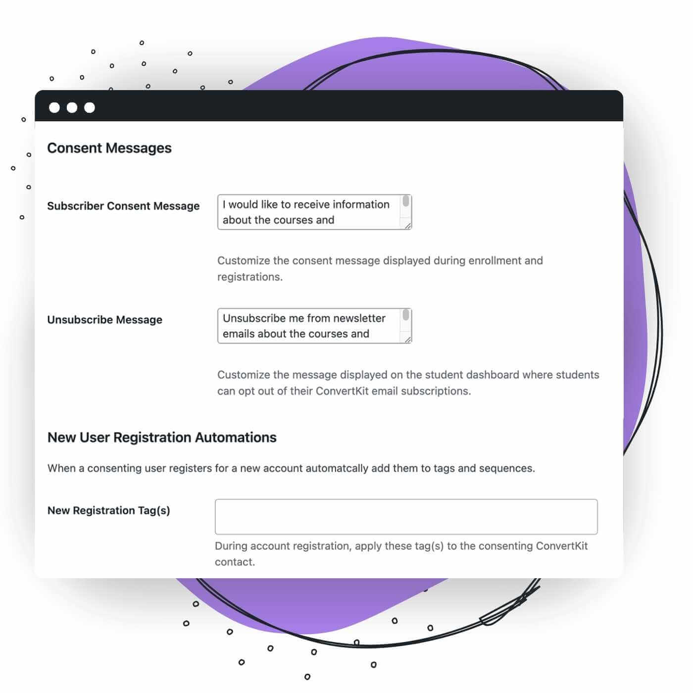 Screenshots of ConvertKit settings to define consent messages for the LifterLMS Integration