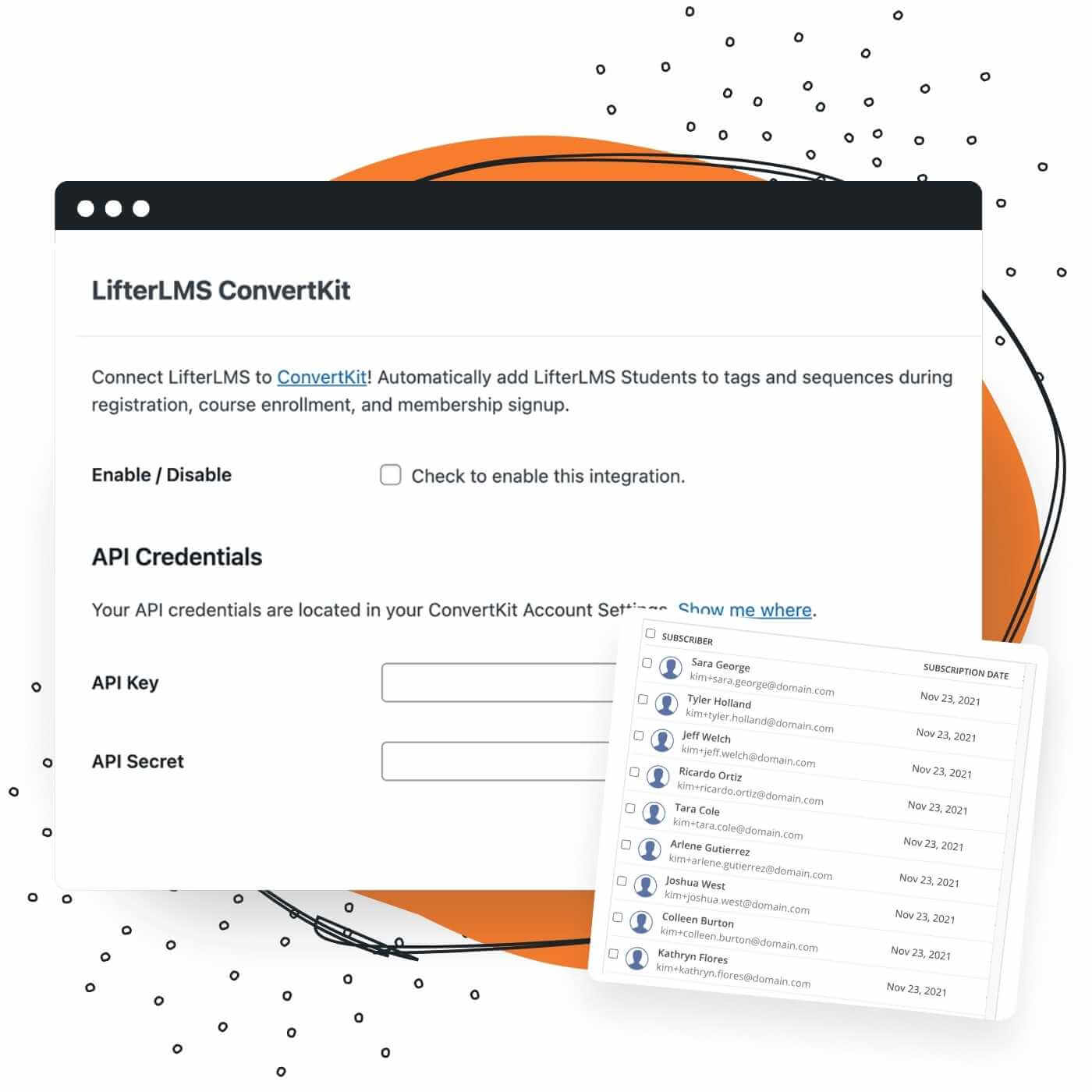 Screenshots of ConvertKit settings to connect API keys for the LifterLMS Integration