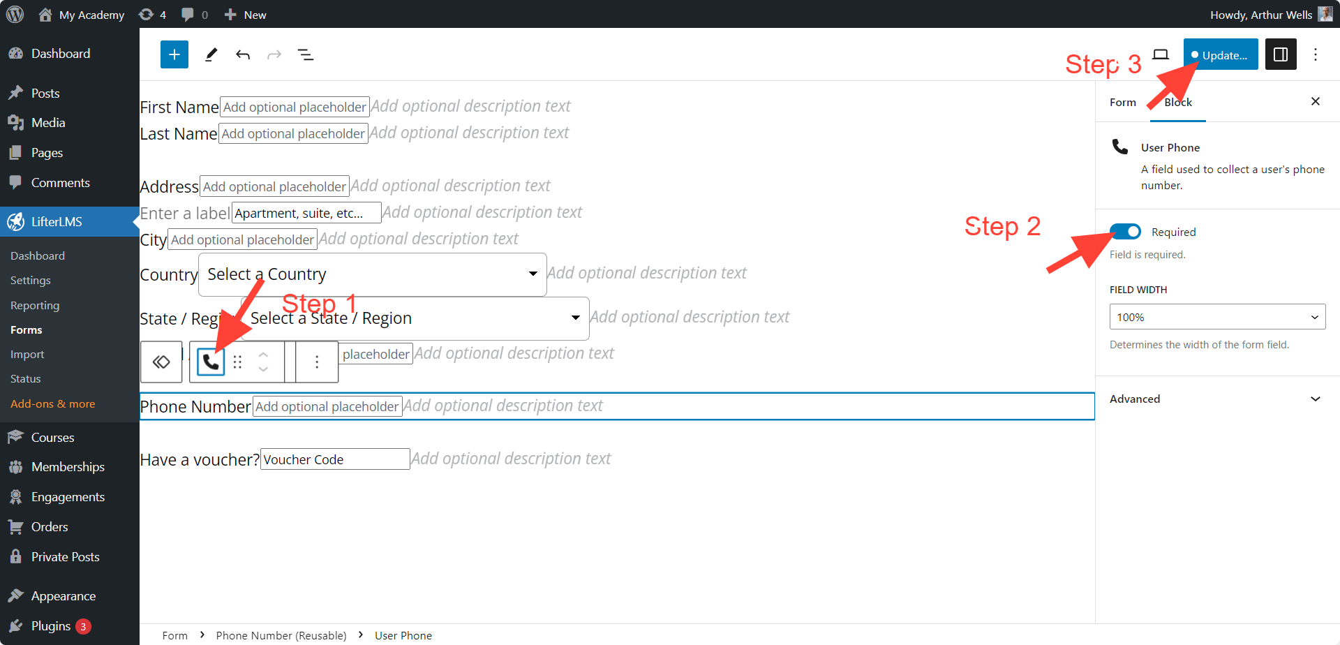 LifterLMS Phone Required Field