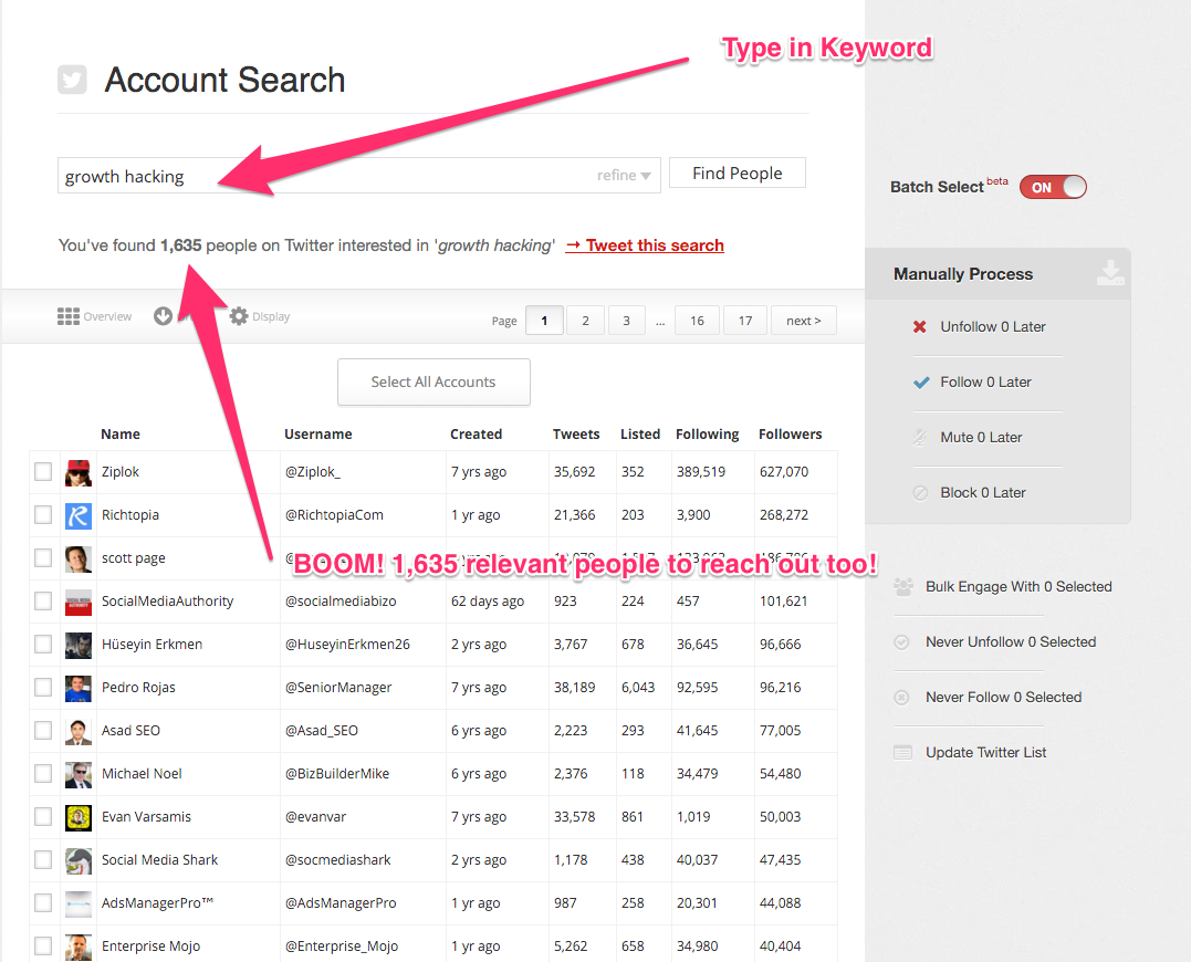 account search list building