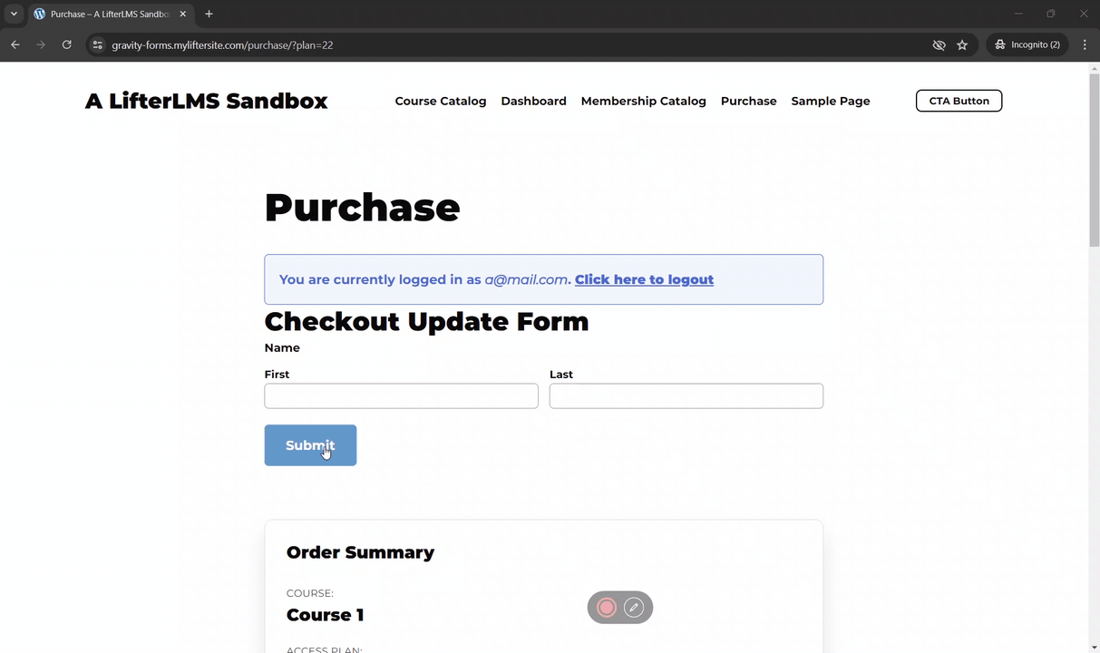 Custom update form for the checkout page