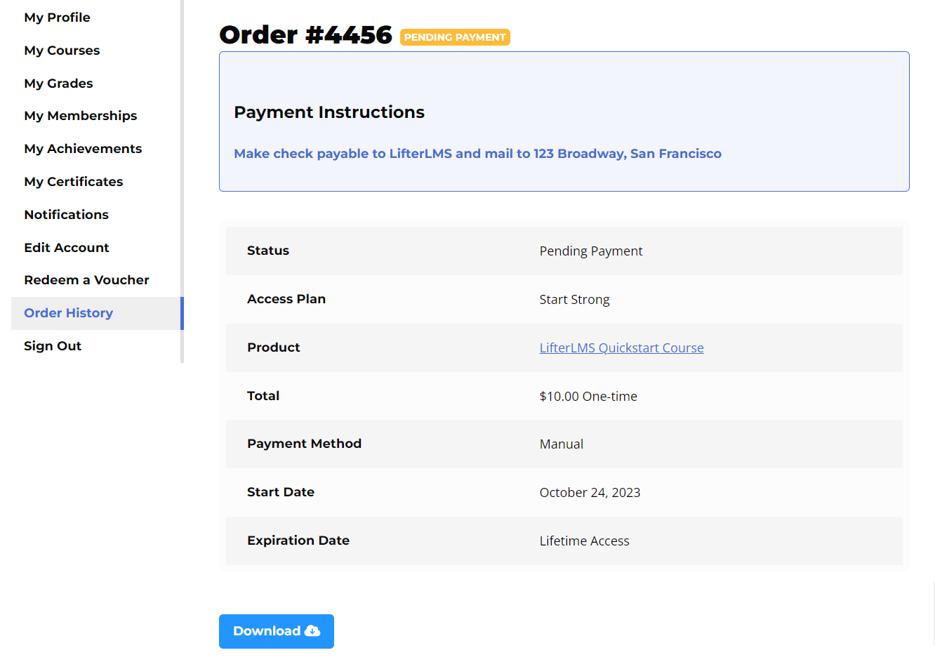 LifterLMS Manual Payment Pending Order