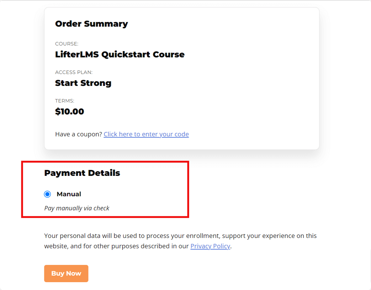 LifterLMS Purchase Page Manual Payment