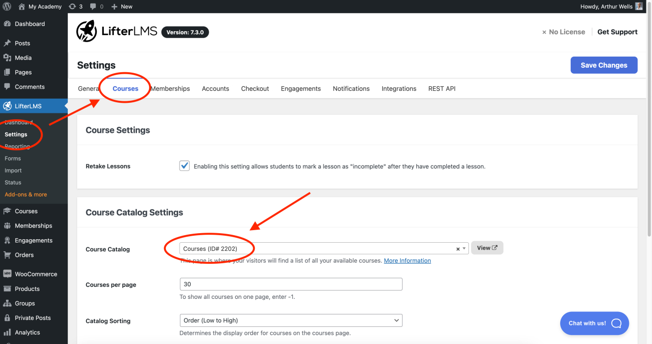 LifterLMS settings for course catalog inside WordPress admin