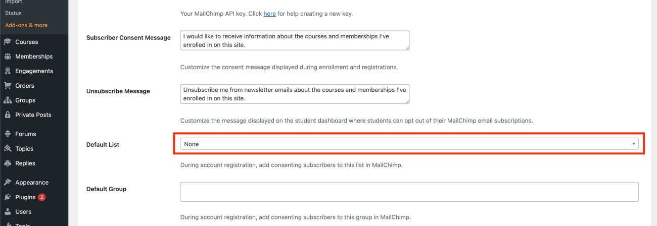 Default list LifterLMS Mailchimp