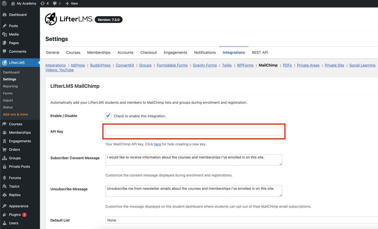 Add API key in LifterLMS Mailchimp