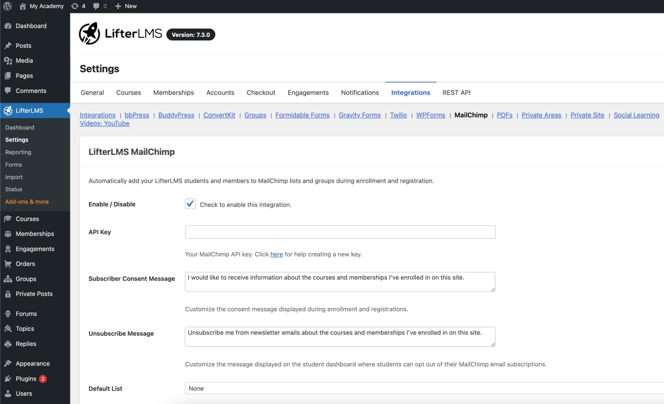 LifterLMS MailChimp enable in settings