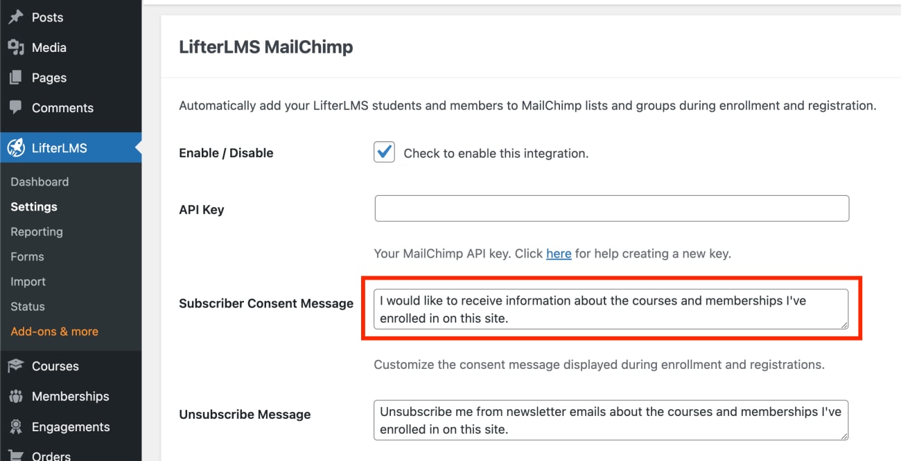 Subscriber message opt in for checkout LifterLMS Mailchimp