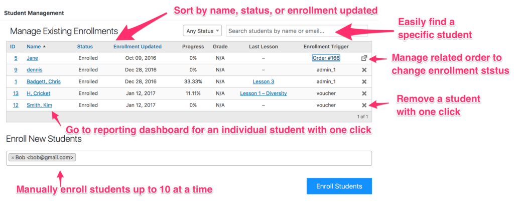 Student Management Screen for LifterLMS