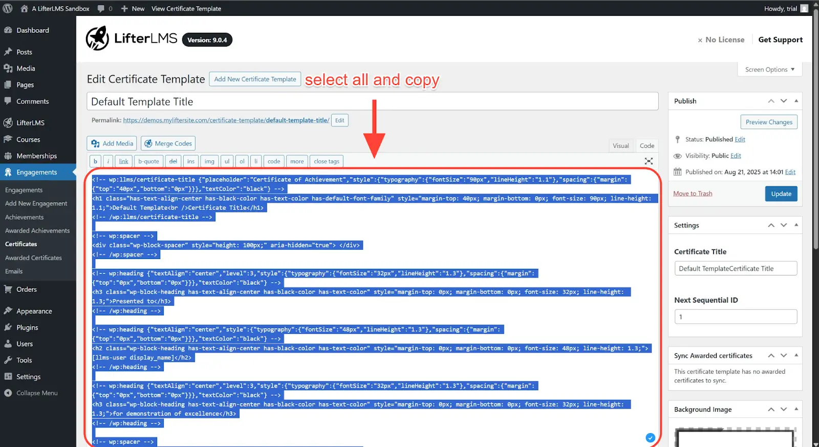 Copy the template content in the Code tab