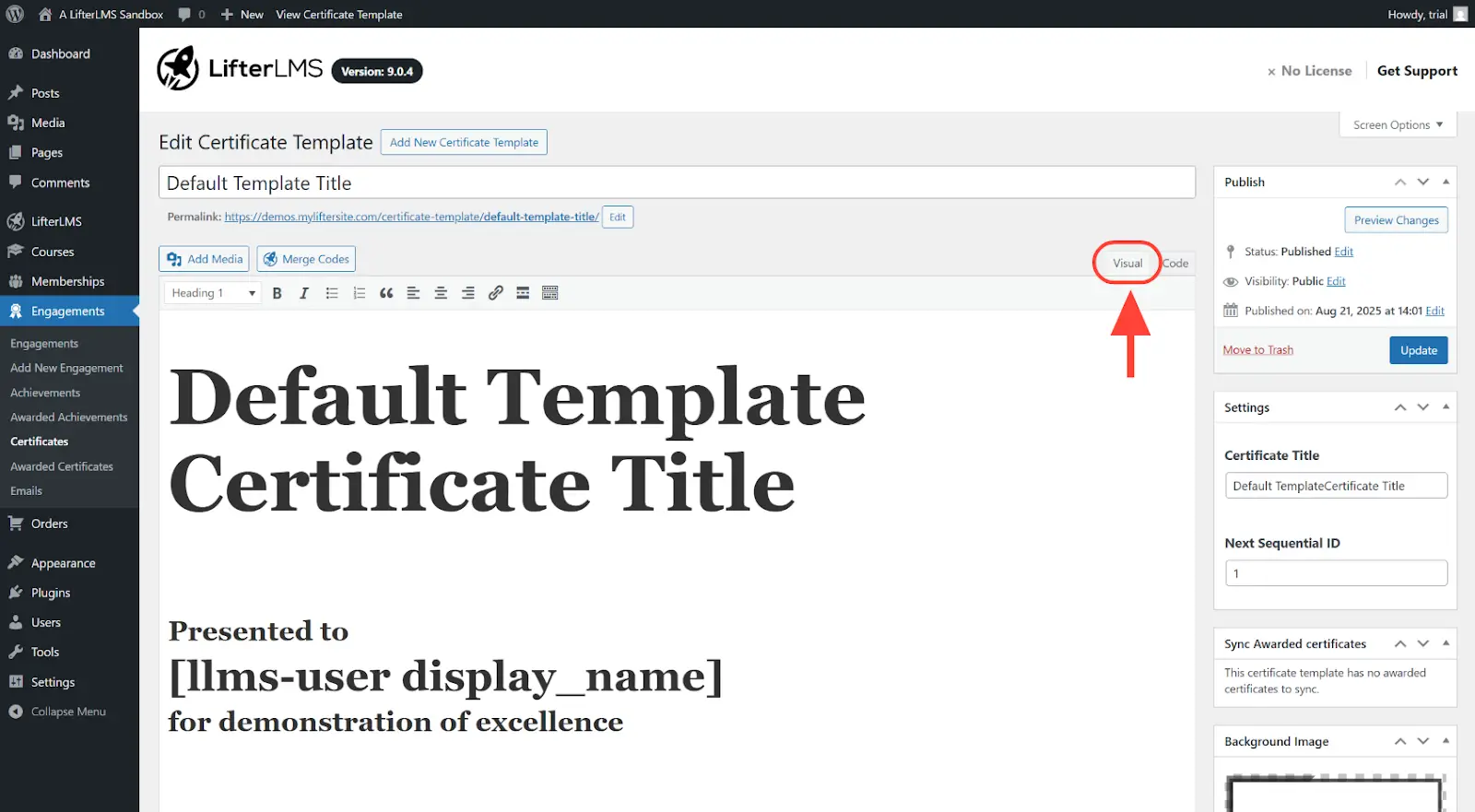 Default template open in Visual tab