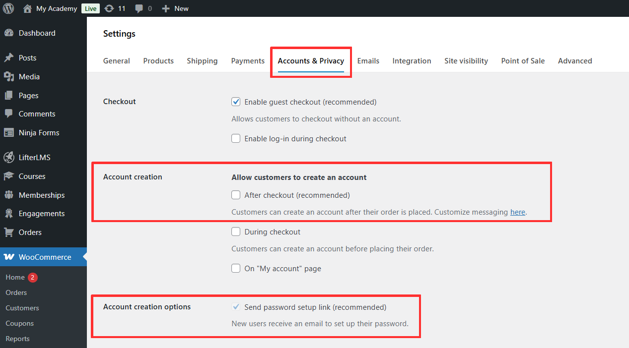 Step 1 – Review WooCommerce Account Creation Settings