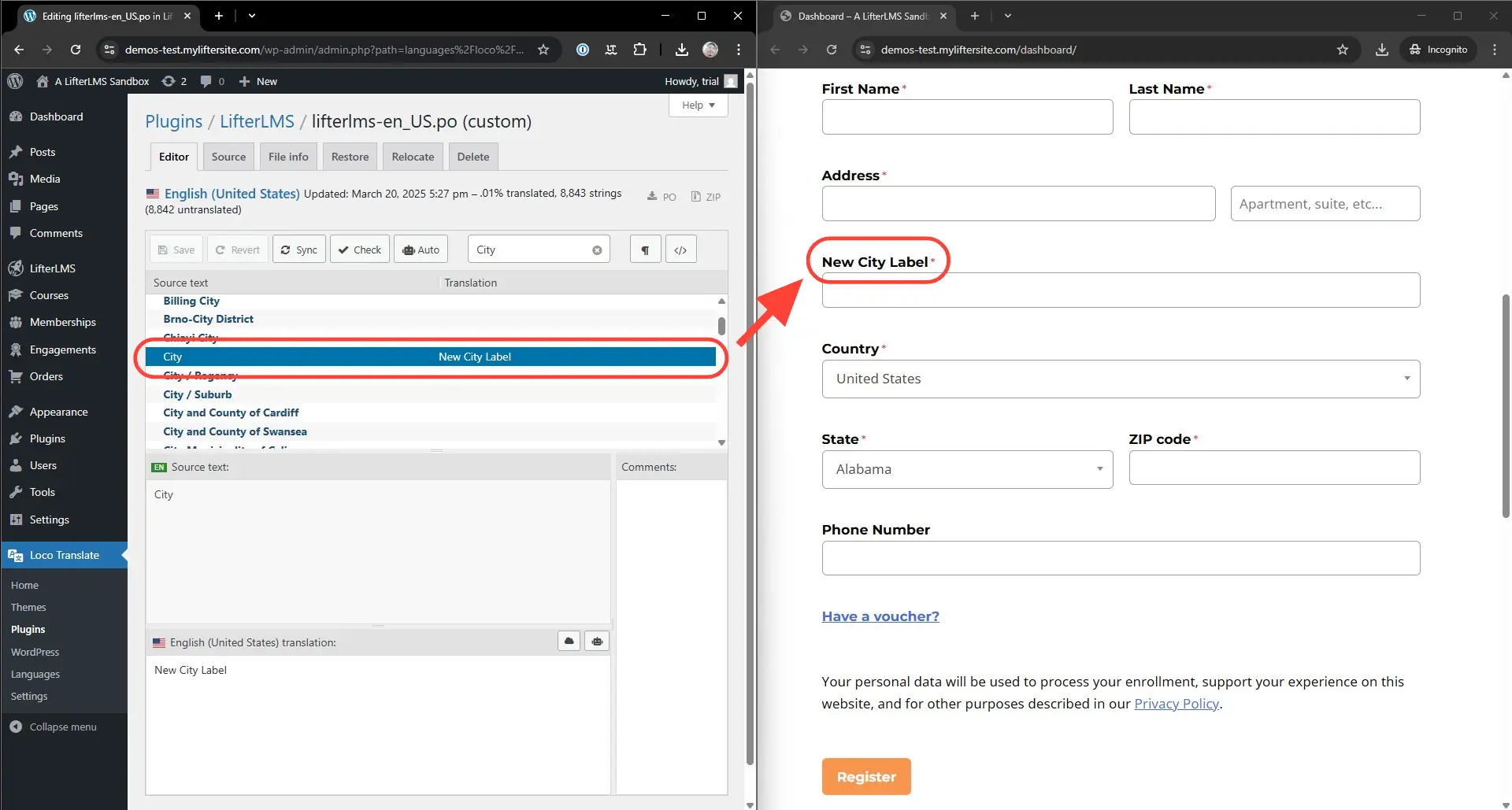 The City field label being translated using Loco Translate