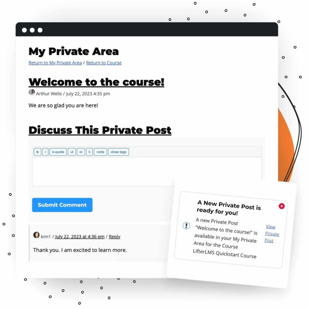 View a private post as a student and communicate with your instructor via LifterLMS Private Areas 