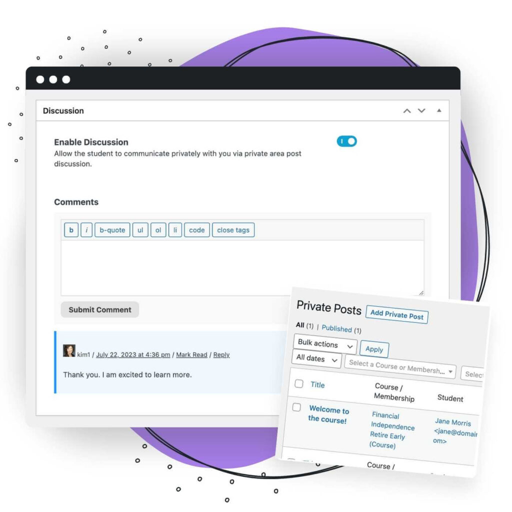 Manage discussions and create new private post using LifterLMS Private Areas