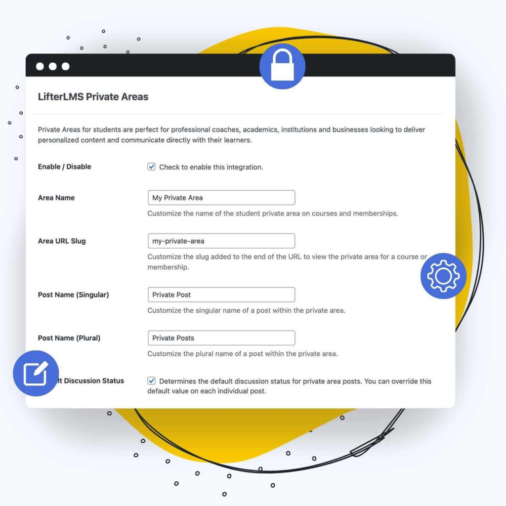 Define settings for the LifterLMS Private Areas Add-on