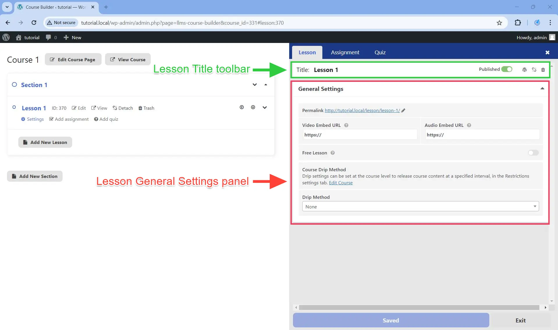 The Lesson tab is divided into two sections the Title toolbar and the General Settings panel