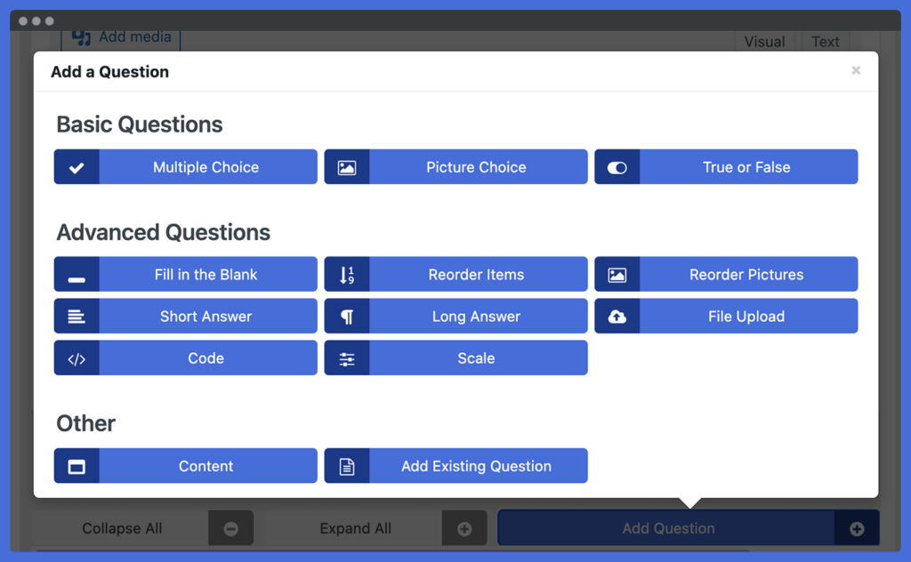 Screenshot of various quiz question types in LifterLMS
