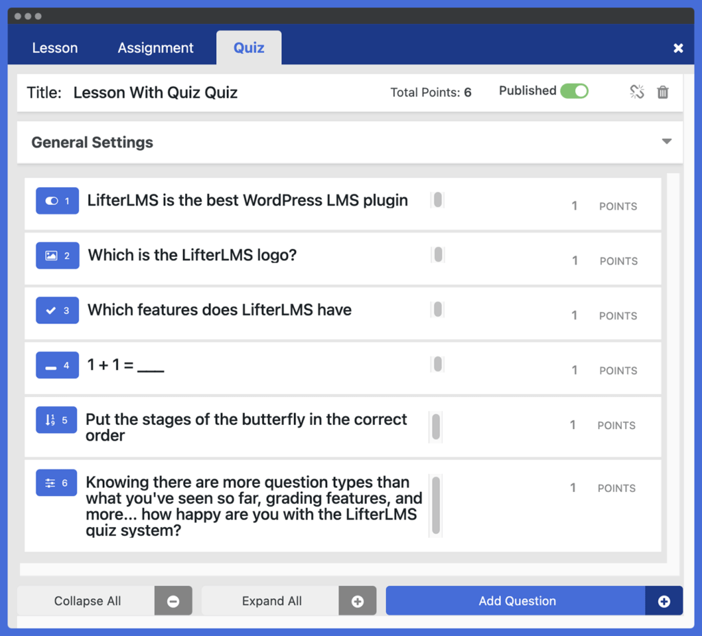 Screenshot of a quiz with various questions set up in the LifterLMS Course Builder