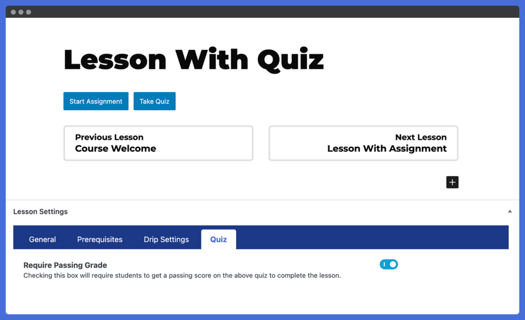 Screenshot of the Edit Lesson screen in LifterLMS to define quiz grade rules to proceed