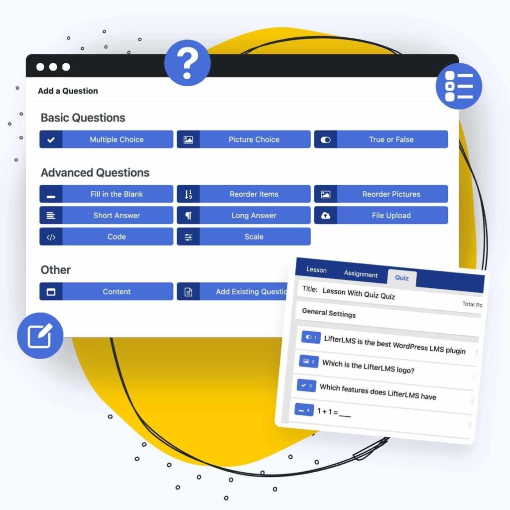 Screenshot of various quiz question types in LifterLMS