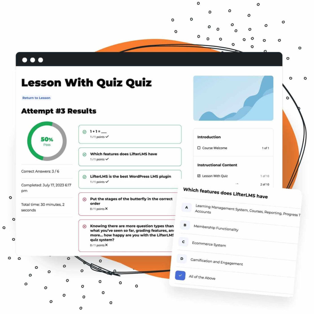 Screenshot of a completed quiz results for a student showing instructor remarks and responses grading in LifterLMS