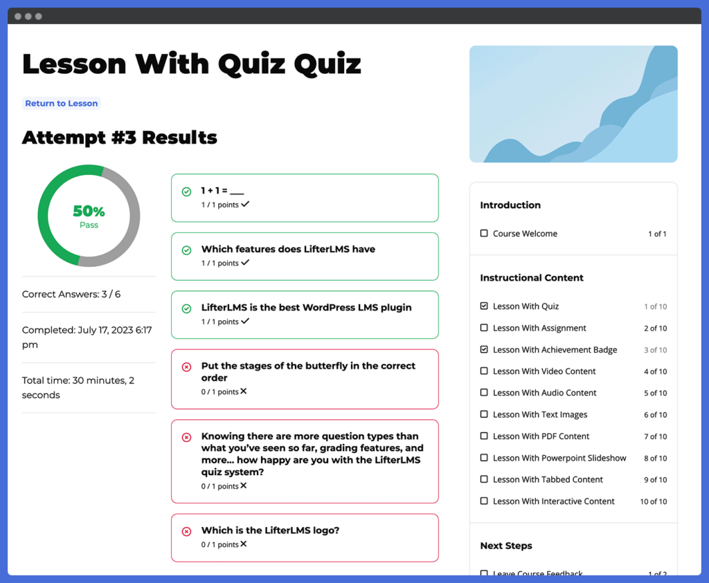 Screenshot of a completed quiz results for a student showing instructor remarks and responses grading in LifterLMS