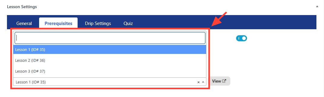 Select lesson prerequisites from Choose Prerequisigte dropdown inside the lesson page.