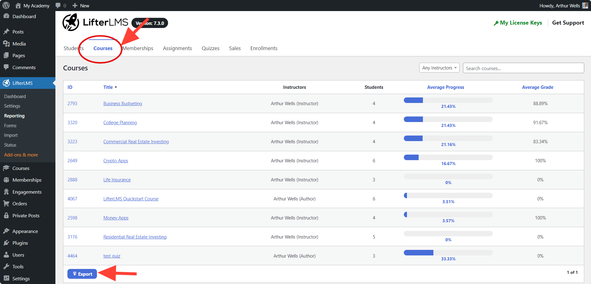 LifterLMS Course Export Data