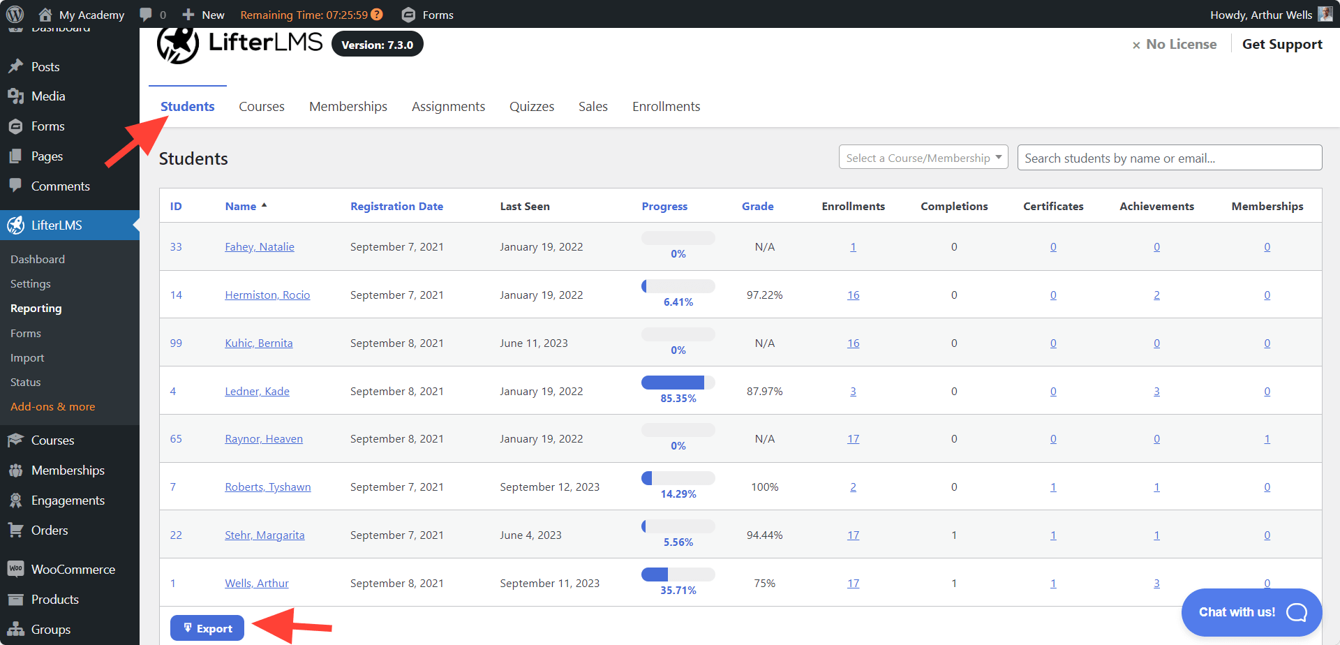 LifterLMS Reporting Students Export