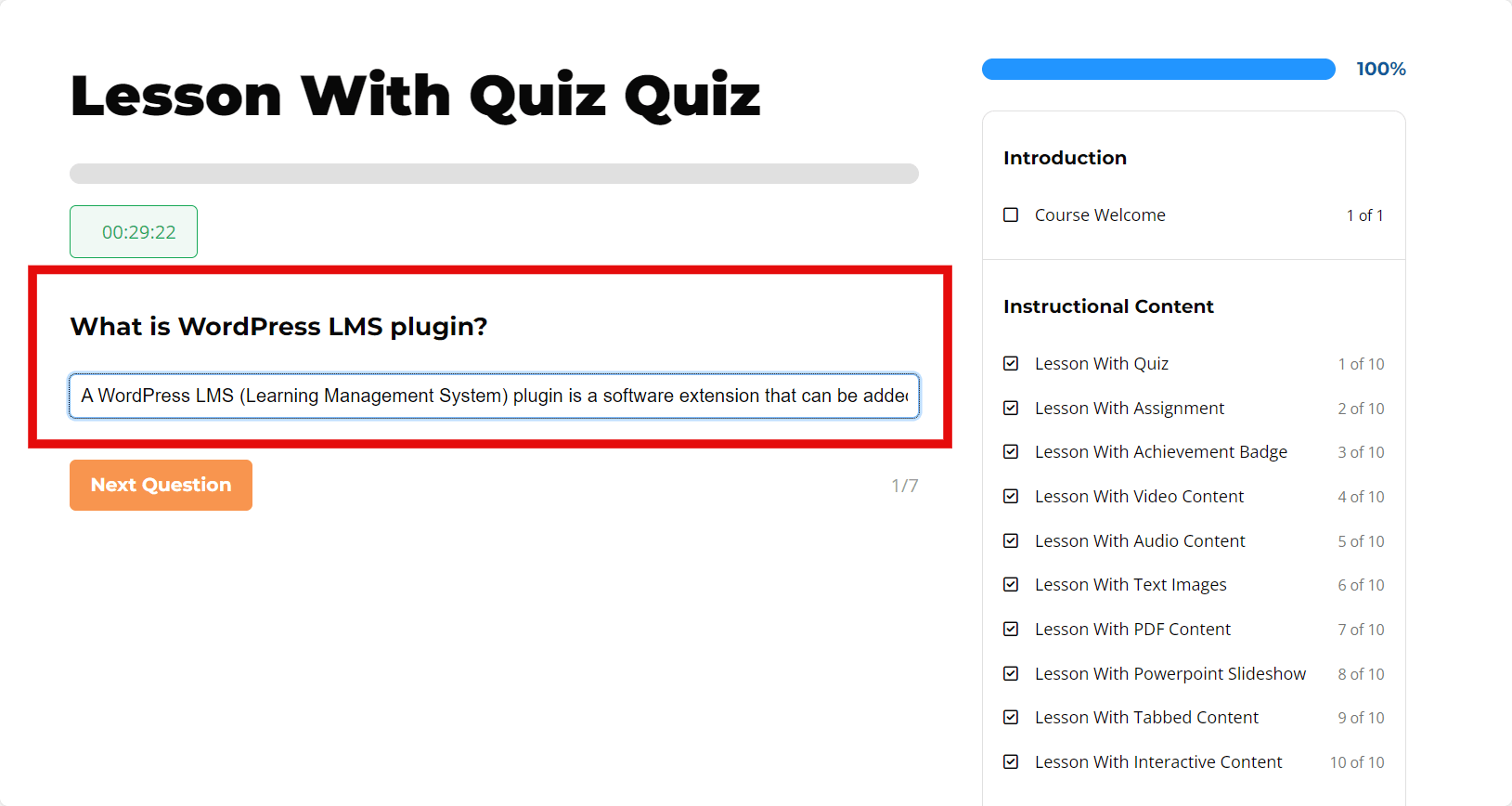 LifterLMS Short Answer Quiz