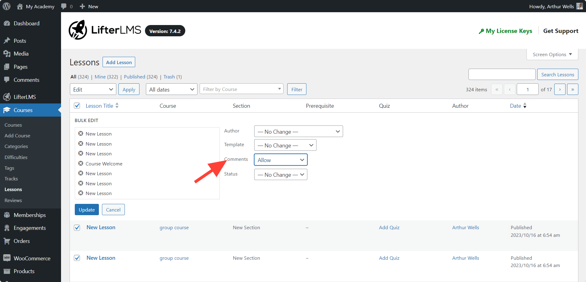 Course and Lesson Commenting Settings