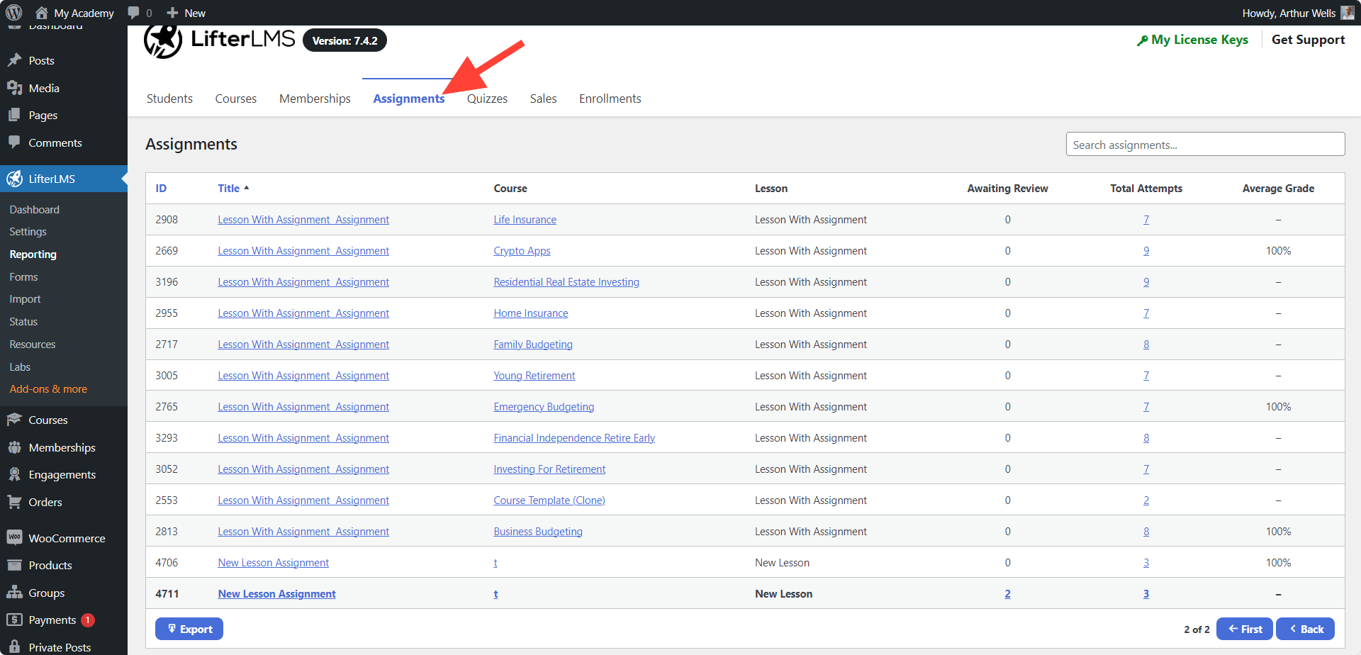 LifterLMS Assignment Reporting Tab