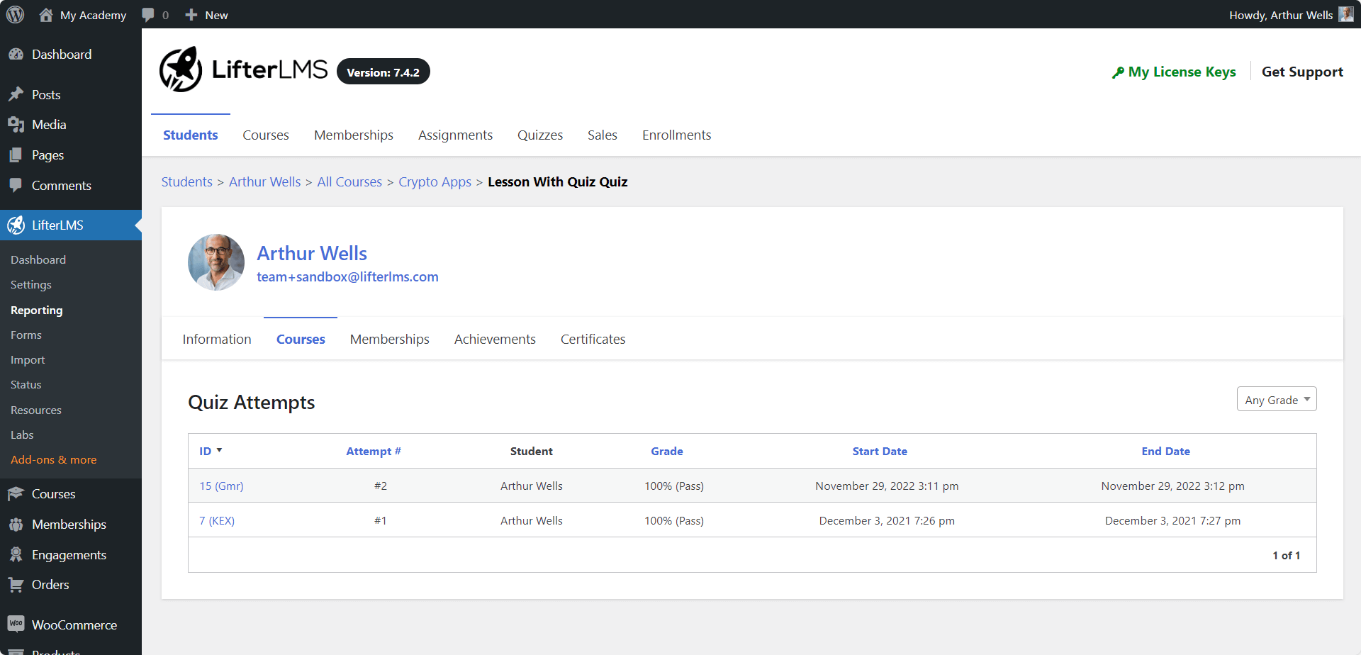 LifterLMS Individual Student Quiz Result