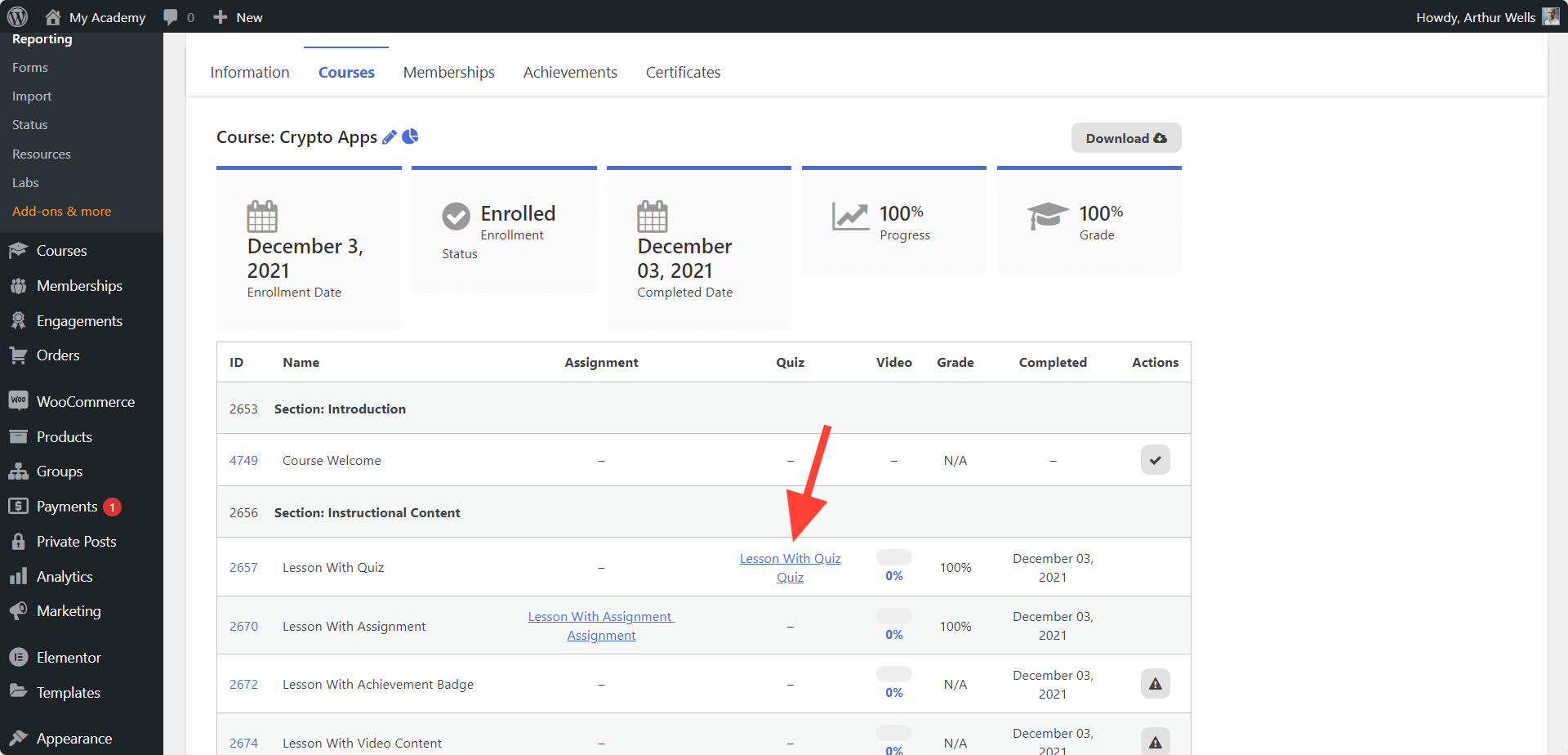 LifterLMS Individual Student Quiz