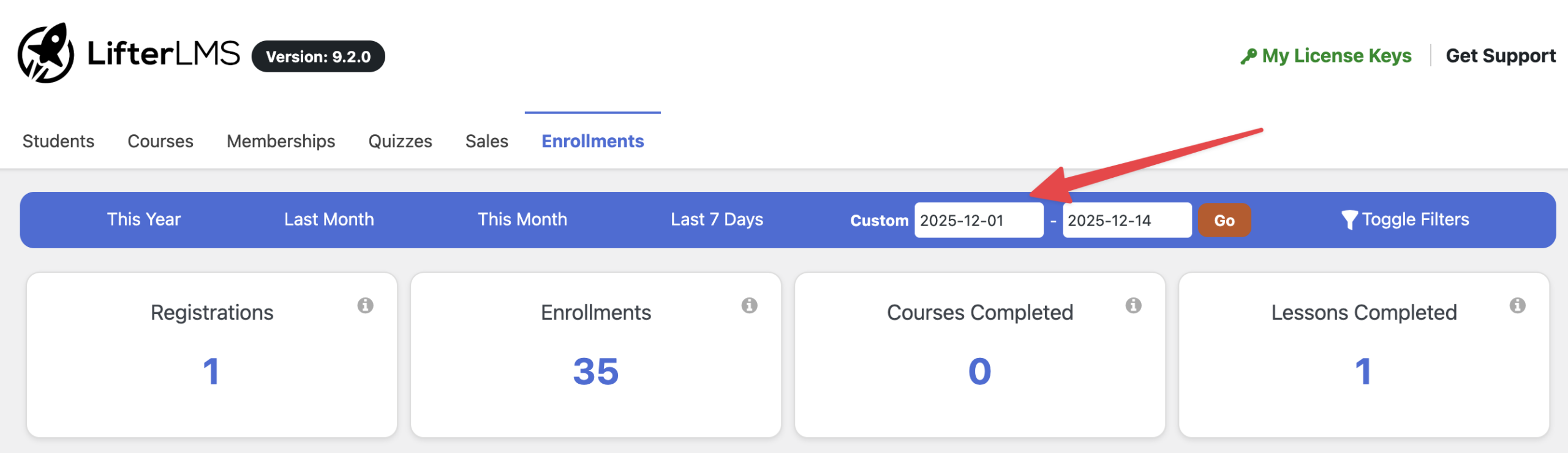 Data filtering in LifterLMS enrollments dashboard
