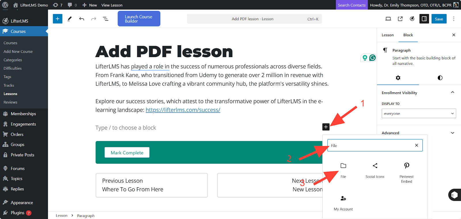 Add PDF in LifterLMS via block
