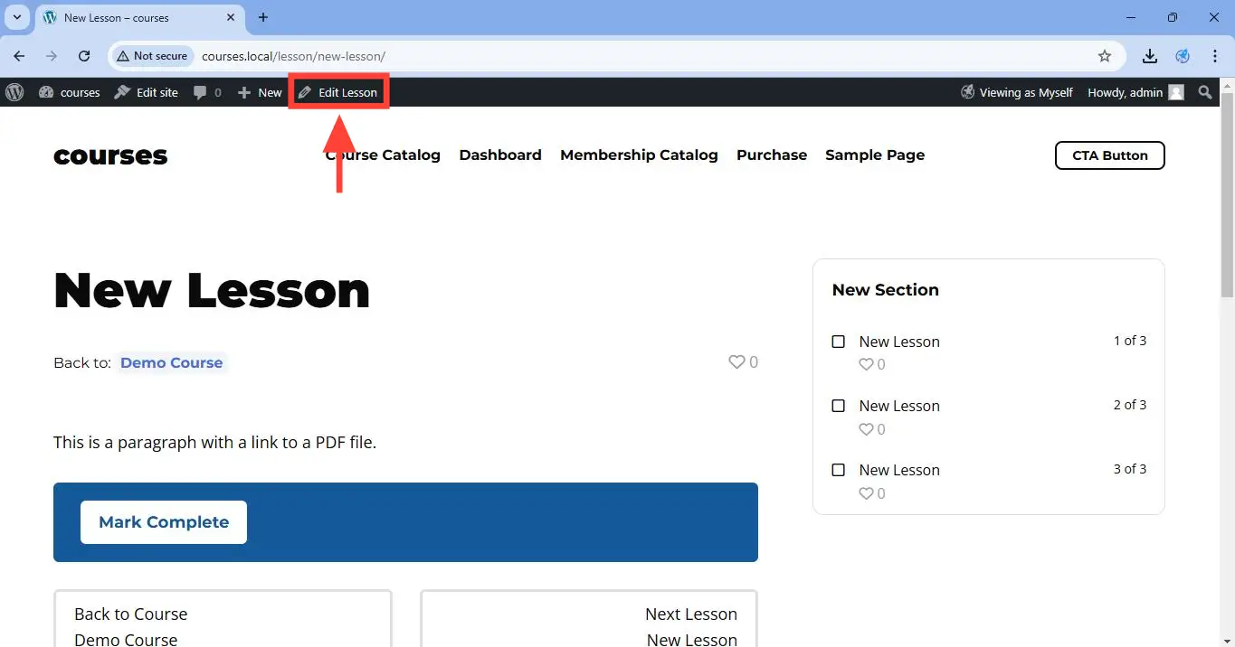 Click on the Edit lesson button in the admin toolbar