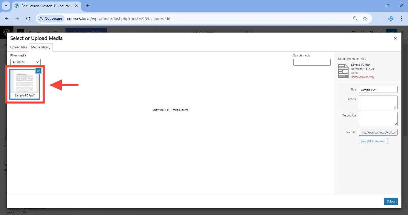 Click on the PDF file you want to insert in your lesson page