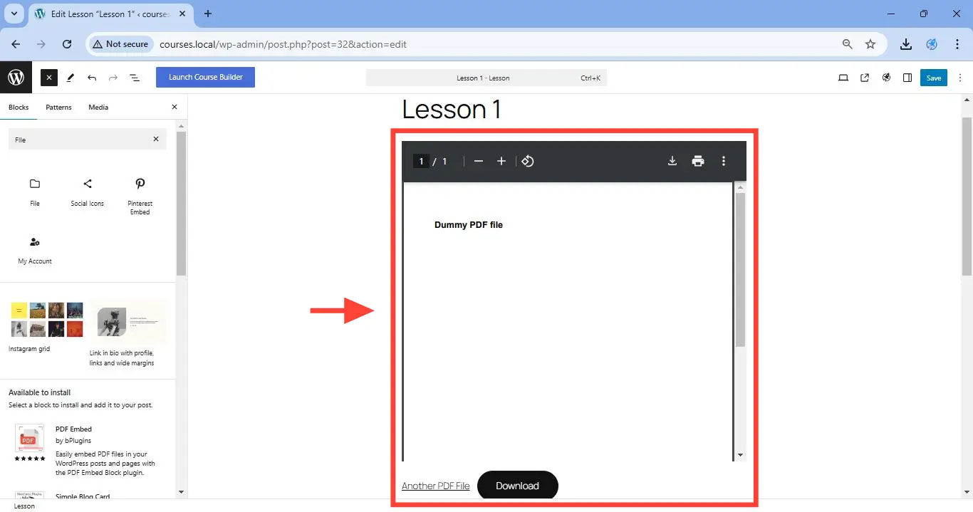 Clicking on the Open button will insert the PDF file on your lesson page