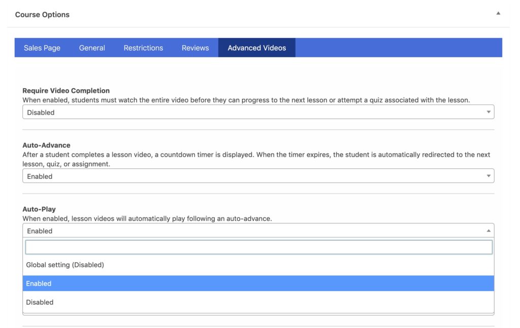 Course progression settings