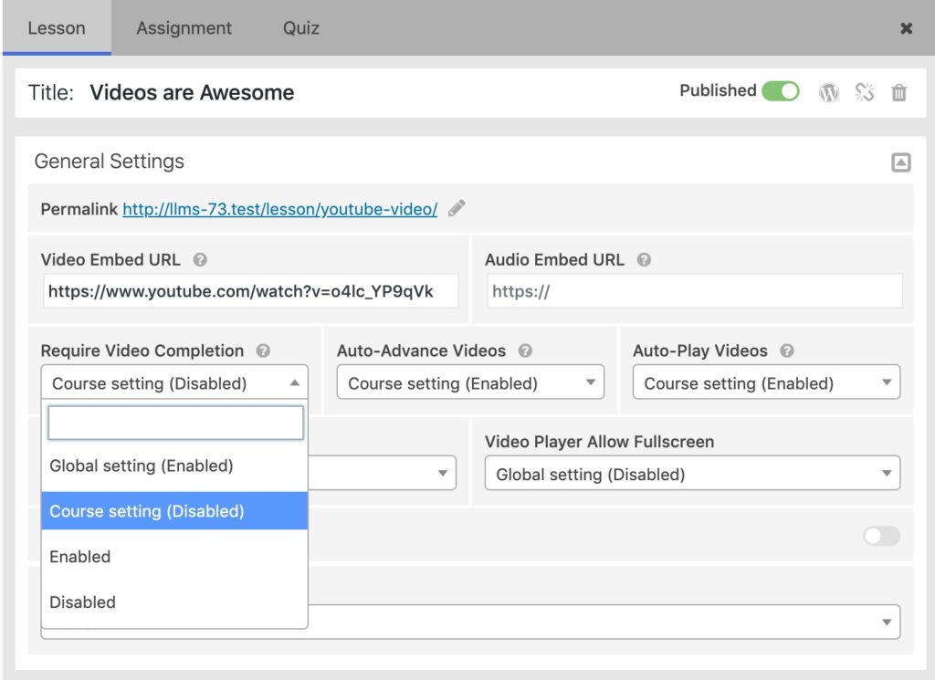 lesson video progression settings