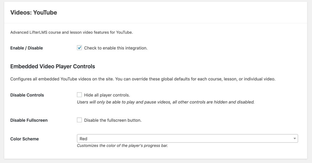 YouTube video settings