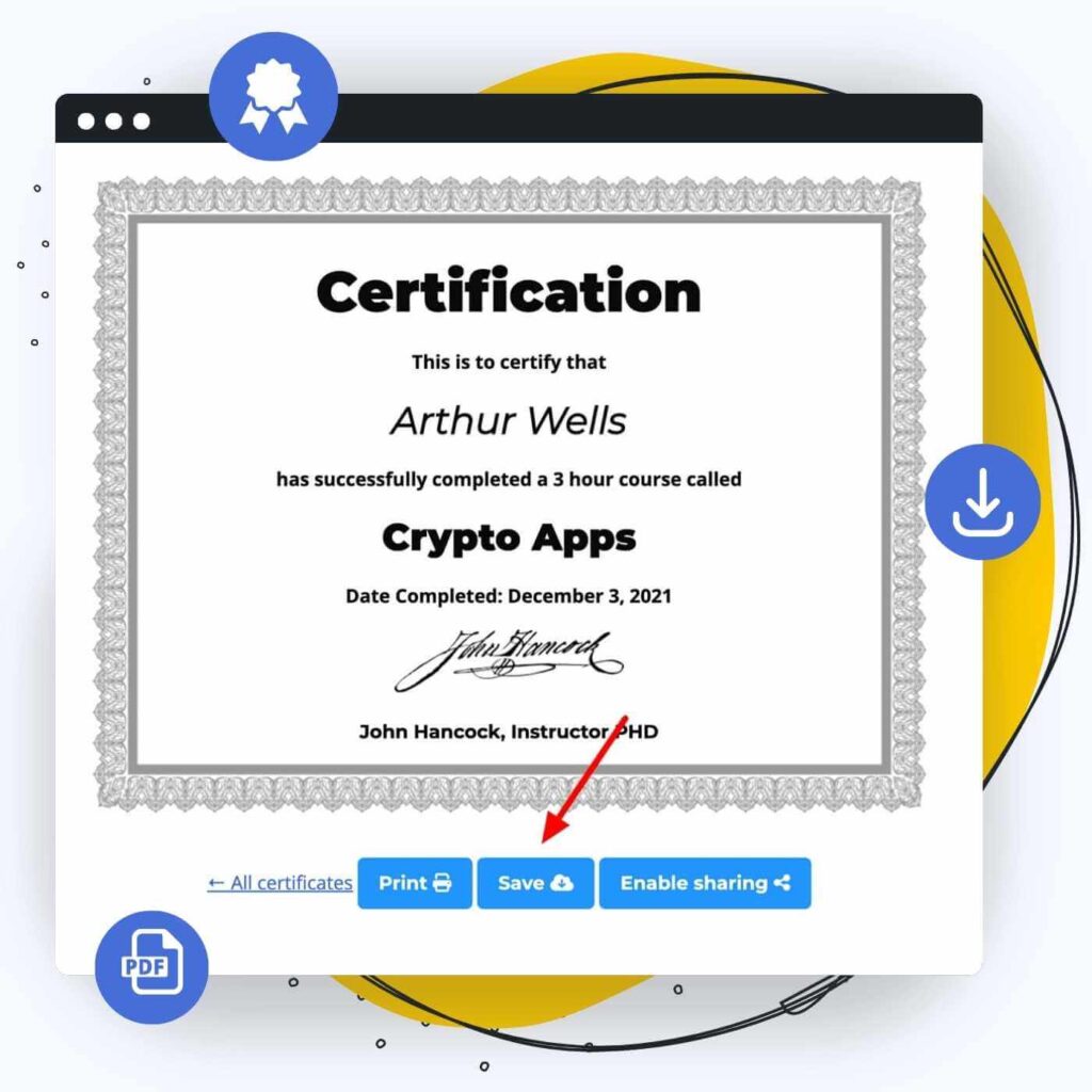 Screenshot of single LifterLMS Certificate with Save and Download as PDF button via LifterLMS PDFs