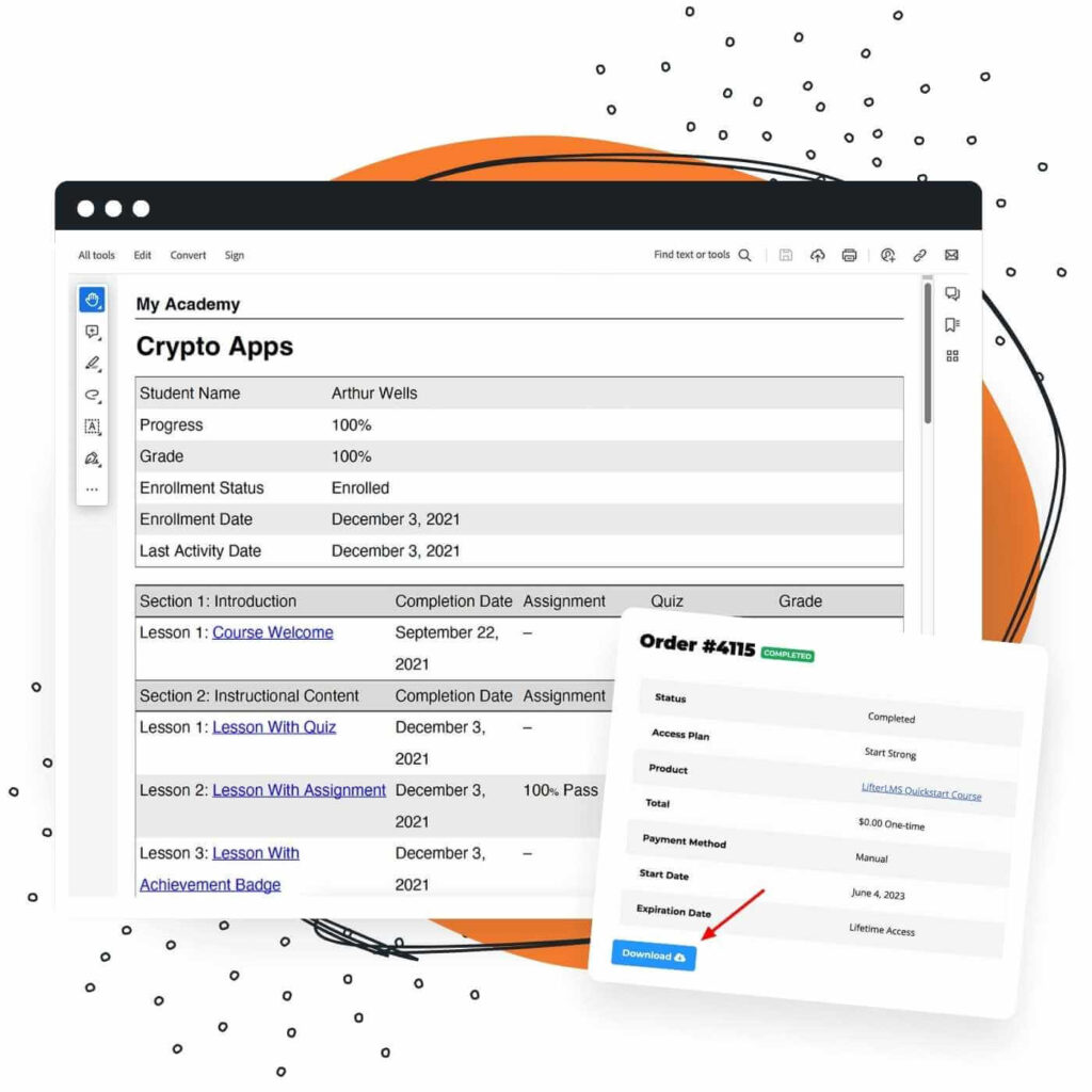 Screenshot of a downloaded LifterLMS Course and Grades PDF via LifterLMS PDFs