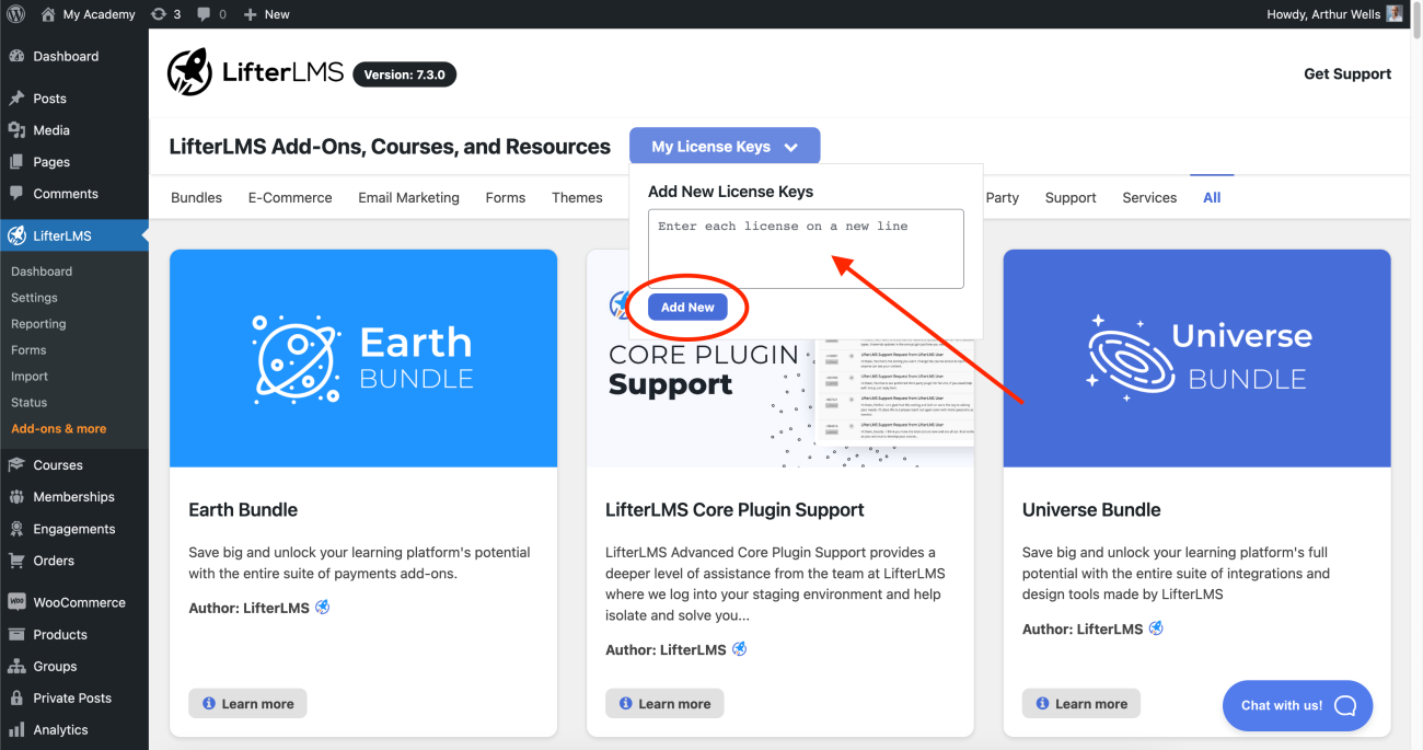 Add new license key LifterLMS WordPress admin page