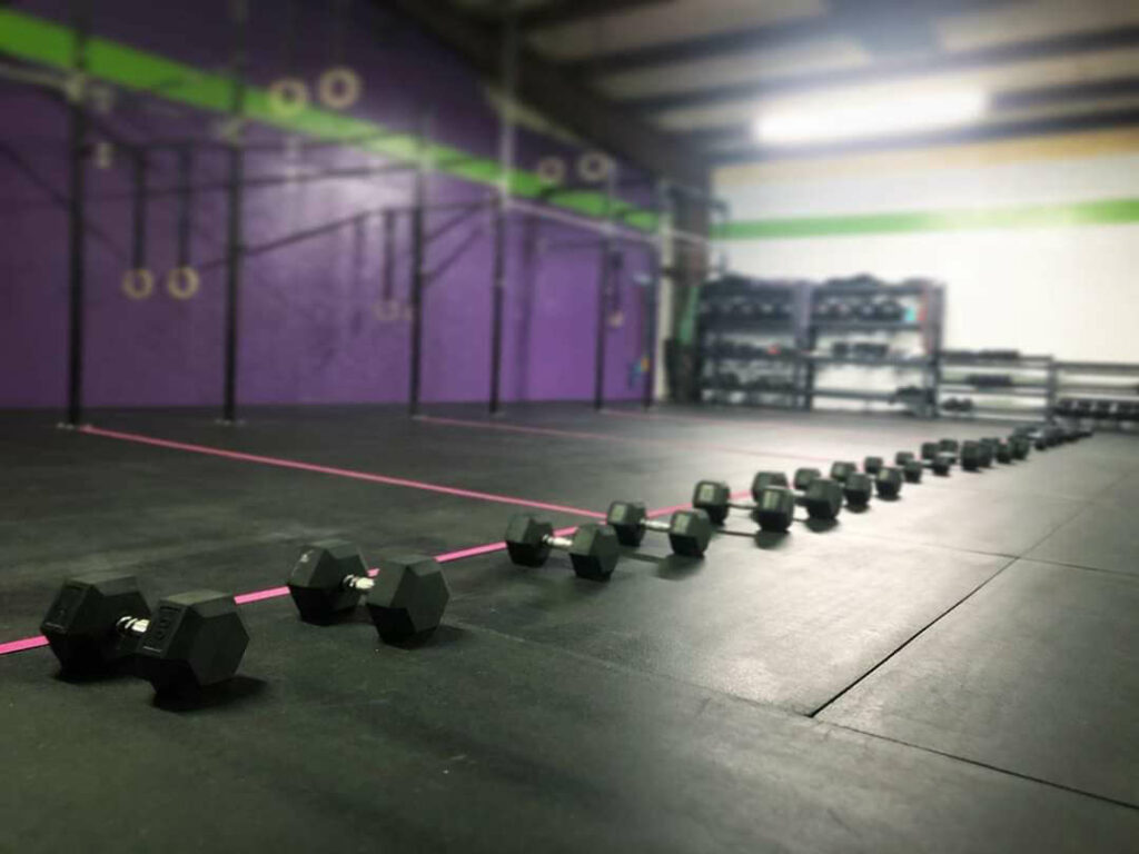 Empty gym with weights lined up on the floor.