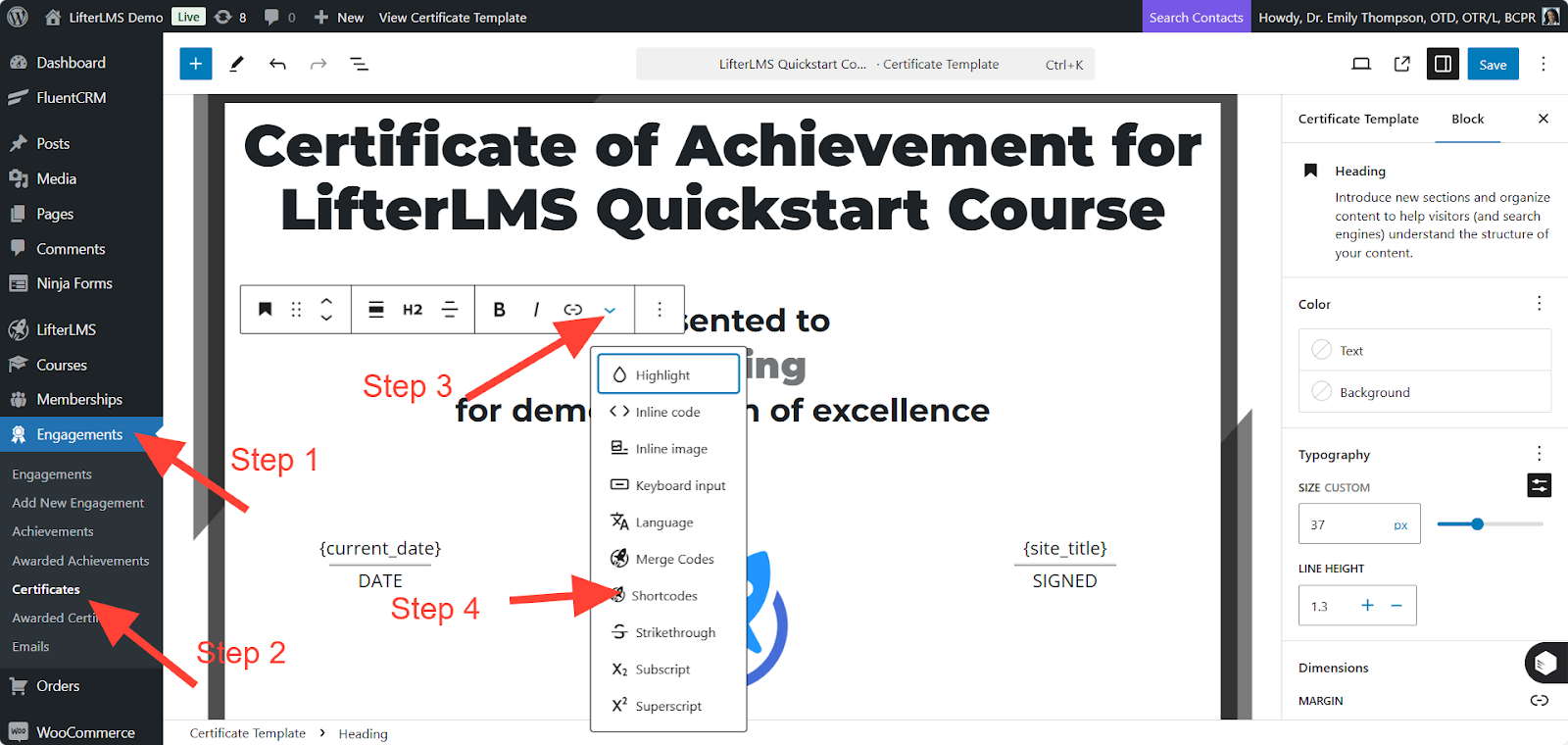 LifterLMS Merge Code in Certificate