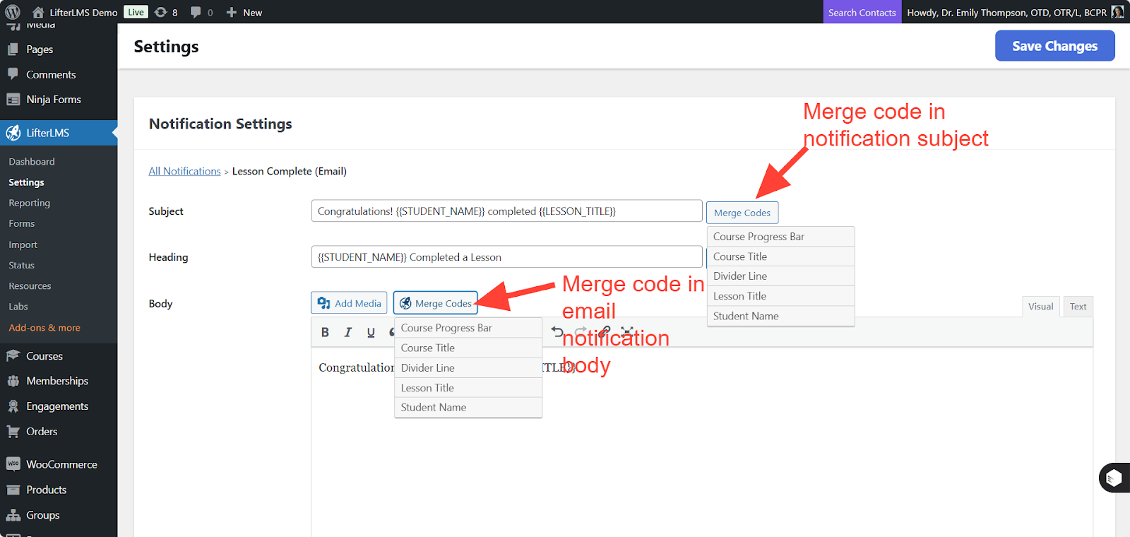 LifterLMS Merge Code in Email